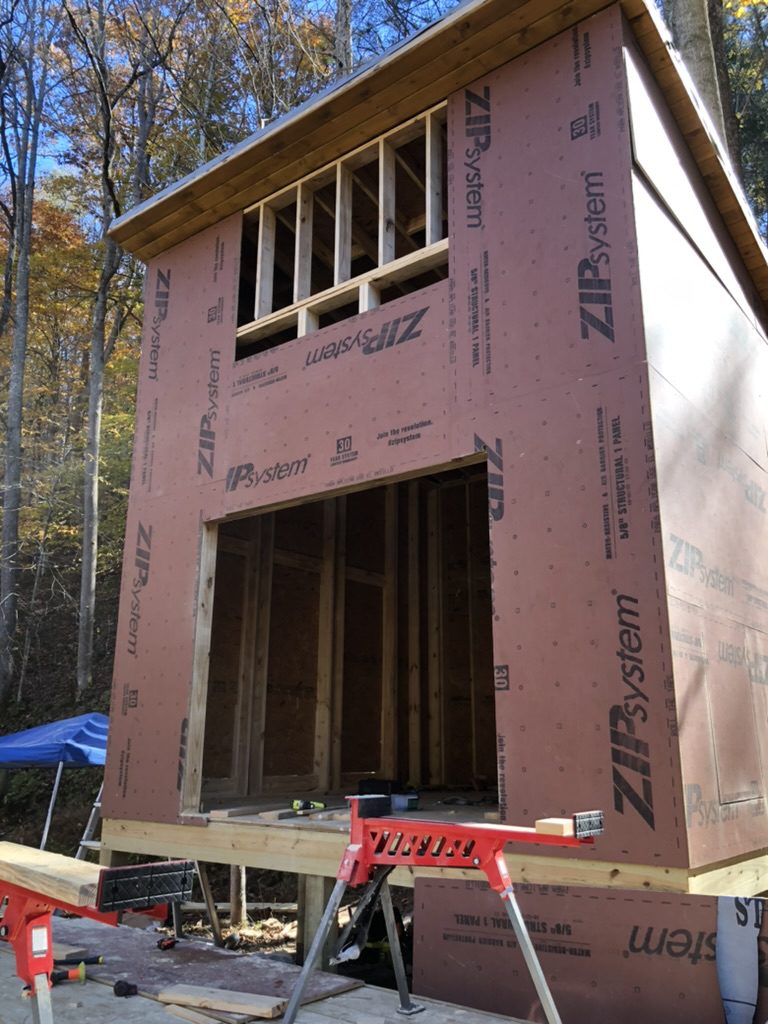 Custom shed build featuring ZIP System weather-tight sheathing for moisture protection